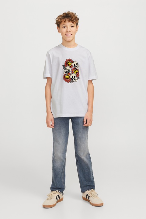 Jack & Jones, Памучна тениска с графика, Червен/Мръснобял