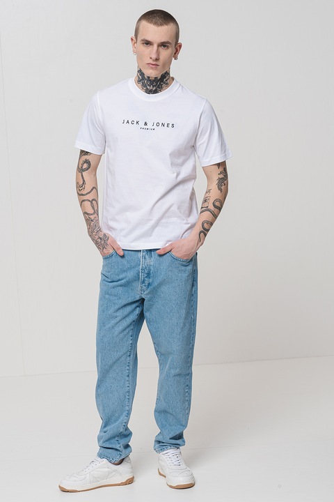 Jack & Jones, Tricou cu imprimeu logo pe piept, Negru/Alb optic