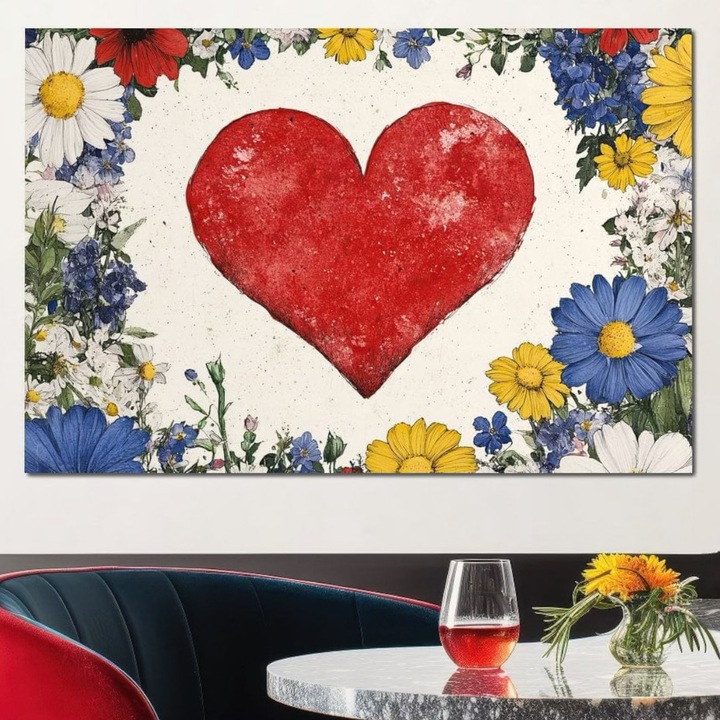 Премиум картина върху платно, LuxCanva® E1013, Цветя около любовта, 100 X 150 см, 100% памучно платно 400 г/м2, дървена рамка, сърце, червено, чистота, страст, баланс, хол, ярки цветове