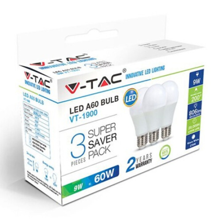 Set 3 becuri led a60 e27 9w 4000k alb neutru V-tac