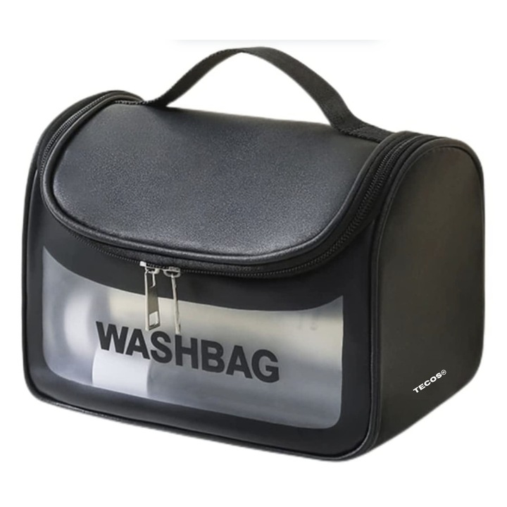 Utazótáska kozmetikumokhoz, Tecos®, mérete 22x22x12,5 cm, vízálló, fekete