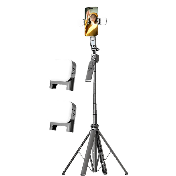 Képstabilizátor, mobil karmantyú, négylábú állvány, Bluetooth távirányító, AI intelligens arckövetés, rezgéscsillapítás, 360°-os elforgatás, 1,6 m-es teleszkópos rúd, kettős fényű változat, fekete