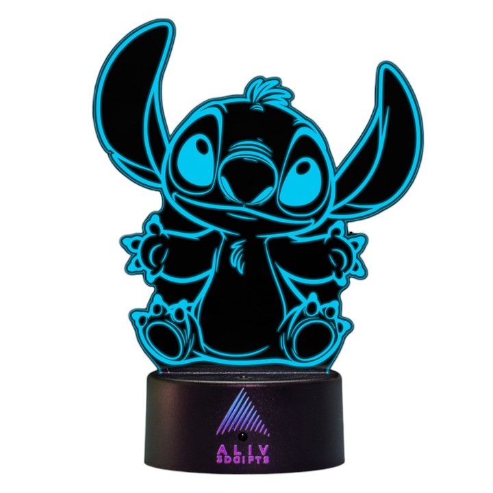 Lampa Led 3D Stitch, 16 culori, Telecomanda, Control tactil, Suport Negru
