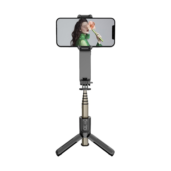Képstabilizátor, gimbal mobiltelefonhoz, Bluetooth szelfi stick, intelligens rázkódásgátló, 360°-os elforgatás, vezeték nélküli távirányító, visszahúzható, kompakt és hordozható, fekete
