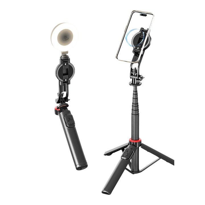 Trepied pentru telefon mobil, stick selfie magnetic, cu lumina de umplere frumusete, tija telescopica de 1, 3 m, reglare la 360°, detasabil, negru