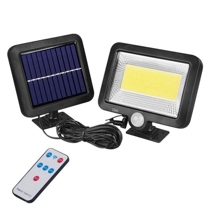 Lampa Solara SIKS Cu Telecomanda 100 COB LED, Cu Senzor De Miscare Si Lumina, Baterie Inclusa 1200 Mah, 260 LM, Cablu 5 M, 3 Niveluri Intensitate, Panou Solar Ajustabil, Rezistenta La Apa, Negru