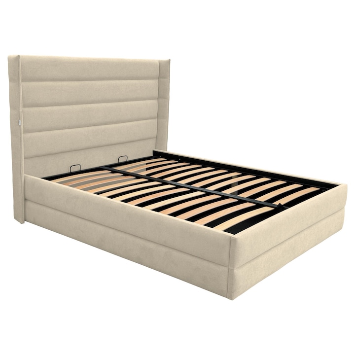 Pat tapitat Gravity Luxury cu spatiu de depozitare si somiera rabatabila, crem deschis, C09, 180x200 cm