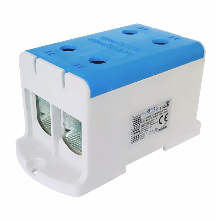 Clema terminala conexiune 1 pol albastra Cu-Al 4 gauri 35-240mm²​​​​​​​ montare pe sina DIN 35mm 380A (Al) 425A ( Cu) cu surub imbus