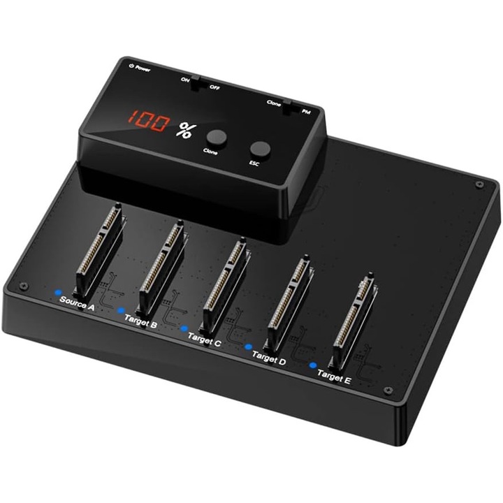 Statie andocare SATA HDD/SSD, USB 3.0, 5 sloturi, functie clonare, citire si scriere, protocol UASP, Plug and Play, pentru Hard Disk, compatibil Windows XP / Vista / 7 / 8 / 8 1/10, Linux & MacOS