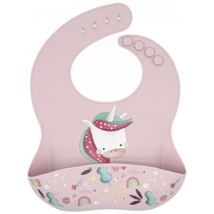 Sassi szilikon előke - Csillogó unikornis_ rózsaszín