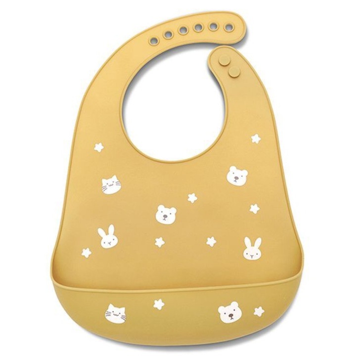 Baveta din silicon alimentar cu buzunar frontal, Lorelli, reglare lungime in 6 pozitii, nu se deformeaza la pliere, 6 luni+, Yellow