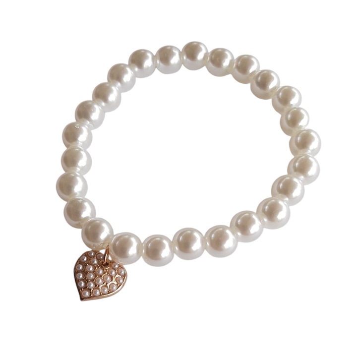 Bratara din perle cu charm auriu in forma de inima, Valentine Pearls, handmade, alba, elastica