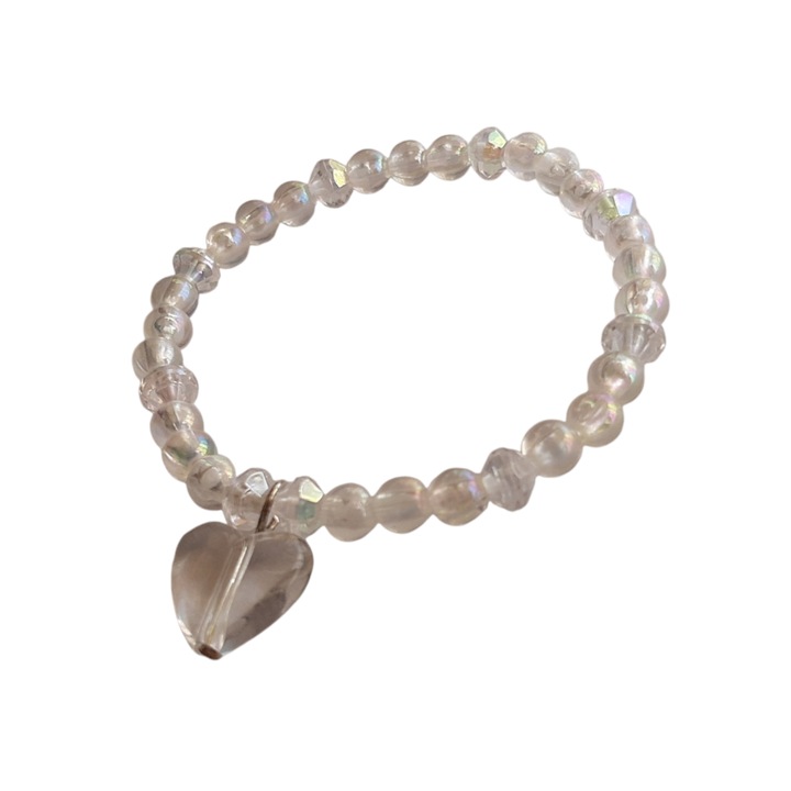 Bratara cu charm inima, Valentine Crystals, din perle transparente si cristale cu efect de curcubeu, handmade, eleganta