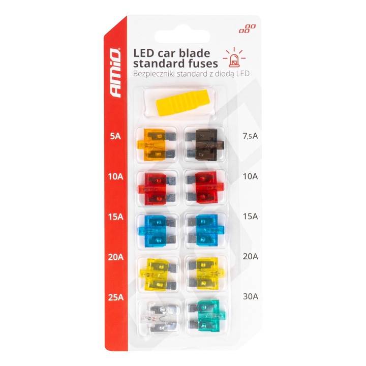 Комплект от 10 стандартни автомобилни бушона, с дефектирал/изгорял LED индикатор