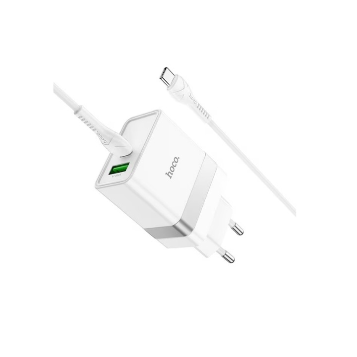 Telefontöltő, 1xUSB A és 1xUSB Type-C, USB Type-C kábellel, 1m hosszú, PD30W, QC 3.0, N21, fehér