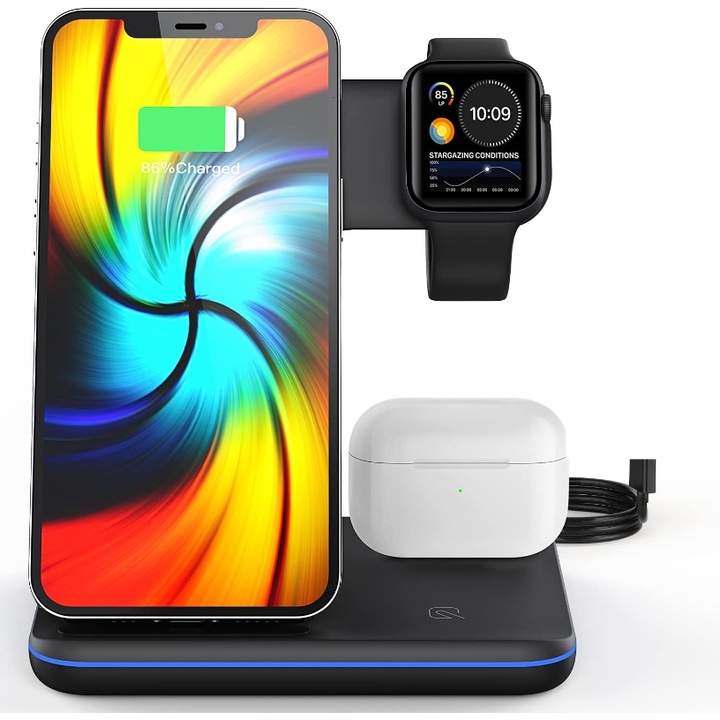 Incarcator Wireless EMV, Fara fir, 3 in 1, 15 W, Statie de incarcare, Suport incarcare fara fir, Compatibil cu Apple Watch, Airpods, Iphone, Android Samsung, Huawei si Xiaomi