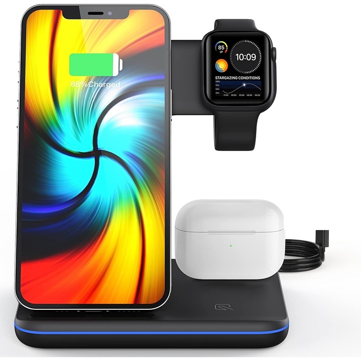 Безжичен зарядно EMV, 3 в 1, 15 W, зарядна стойка, стойка за безжично зареждане, съвместима с Apple Watch, Airpods, iPhone, Android Samsung, Huawei и Xiaomi