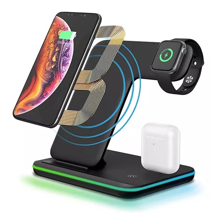 Vezeték nélküli töltő, 3 az 1-ben, 15 W, Töltőállvány, Vezeték nélküli töltés támogatás, Kompatibilis Apple Watch, Airpods, Iphone, Android Samsung, Huawei és Xiaomi