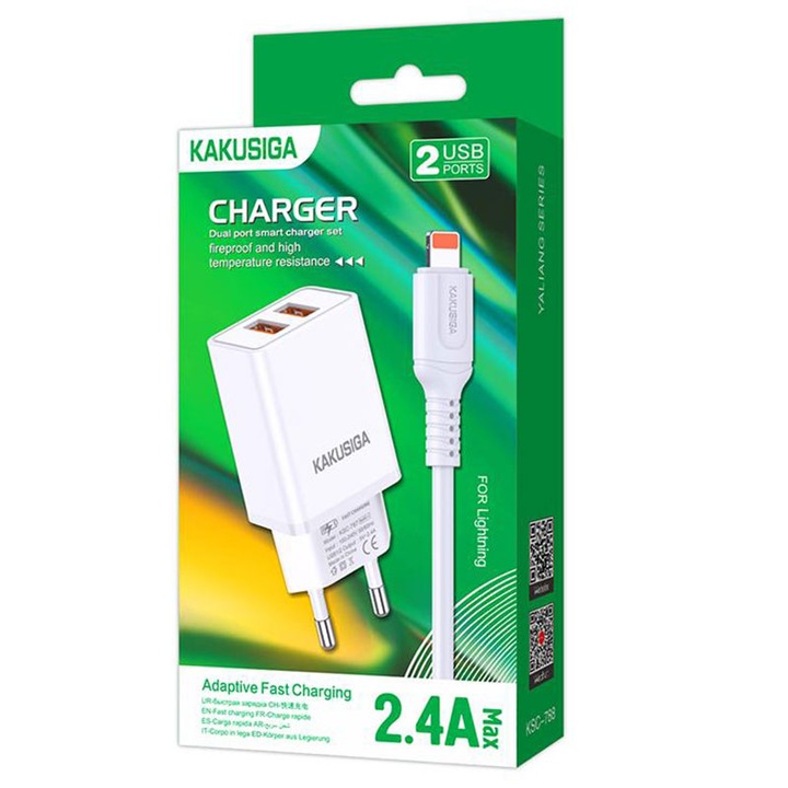 Kaku hálózati töltő + villámkábel, 18W, 2,4A, 2xUSB-A, QC 3.0, FEHÉR
