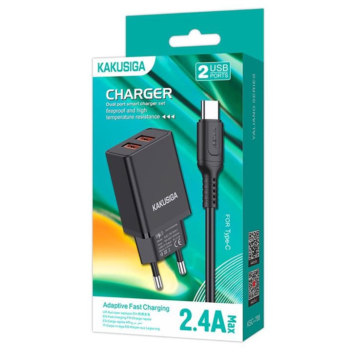 Kaku hálózati töltő + USB-C kábel, 18 W, 2,4 A, 2xUSB-A, QC 3.0, FEKETE