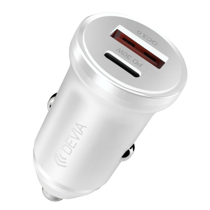 Incarcator Auto Devia Smart Series Mini PD 30W +QC 3.0 1 x USB-A + 1 x Type-C, Alb