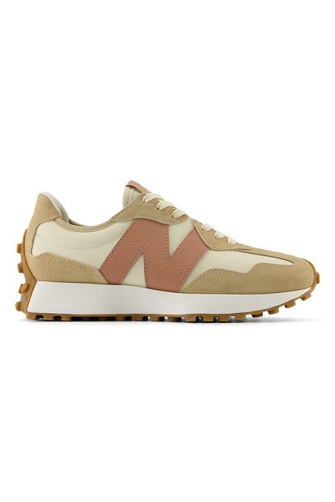 New Balance, Pantofi sport cu garnituri din piele intoarsa, Maro camel/Roz prafuit