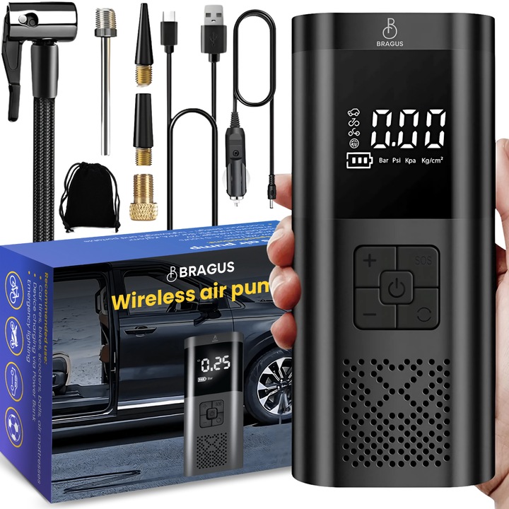 Компресор за кола 3 в 1, BRAGUS, 6000 mAh батерия, power bank, фенерче, 150PSI, 20L поток, 4 аксесоара включени, пълно зареждане 3,5 часа, черен