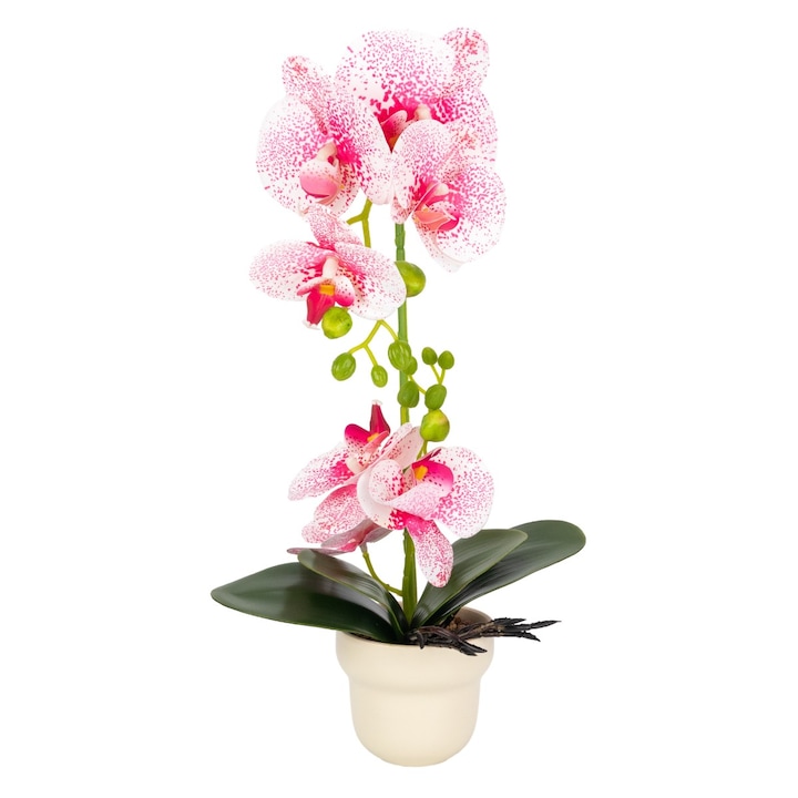 Орхидеи с естествен вид в керамична саксия, 49 см, Naimeed D6898, розово/бяло