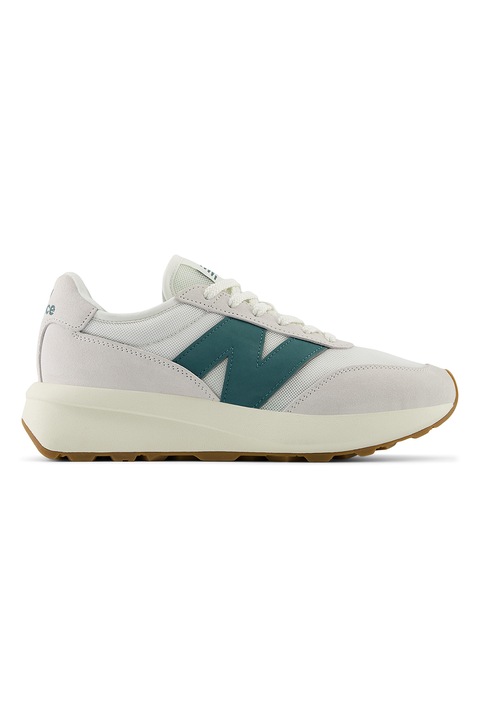 New Balance, Pantofi sport 370 din piele intoarsa, insertii din material textil si logo, Alb fildes/Gri deschis/Albastru petrol