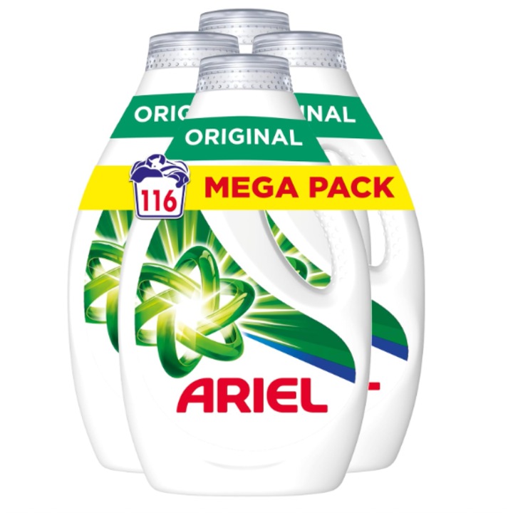 Detergent lichid pentru masina de spalat Ariel 116 spalari (4x29) original, imbunatatit in cicluri mai reci cu tehnologie exclusiva de curatare la rece, pachet de 4