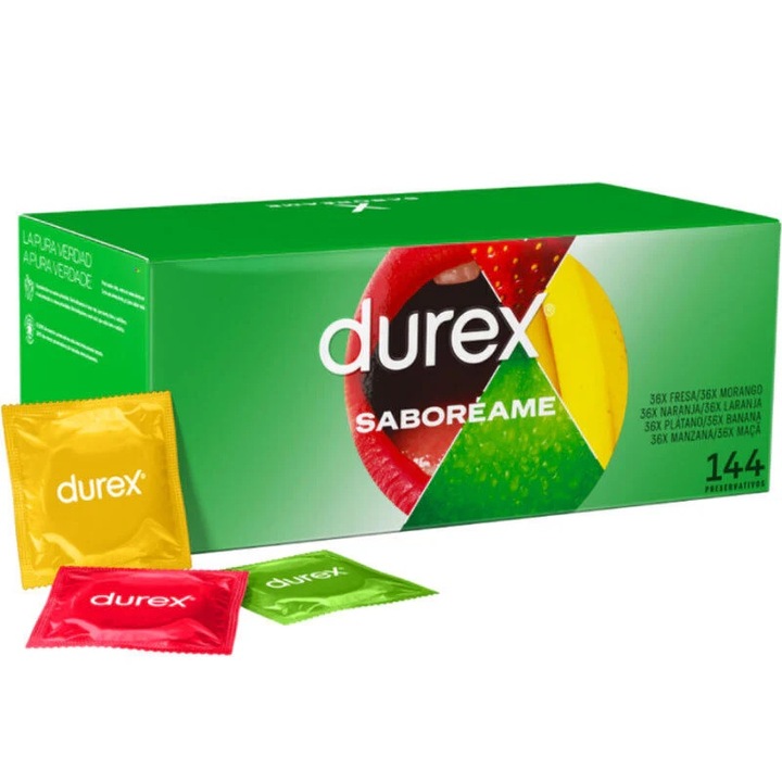 Durex Pleasure Fruits óvszer, 144 db-os készlet, gyümölcs ízek, 53 mm, többszínű