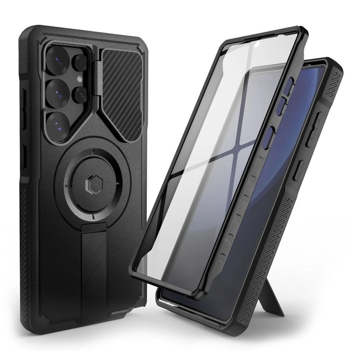 Husa Tech-Protect Kevlar Magsafe+ pentru Samsung Galaxy S25 Ultra, protectie extrema, suport pliabil, negru