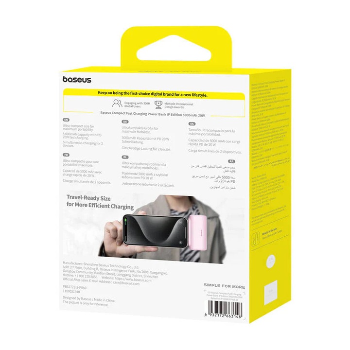 Powerbank, Baseus, USB-C/Type Lightning, 5000 mAh, 20 W, rózsaszín