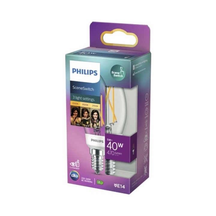 Bec LED Philips SceneSwitch E14 5W max. 470 lumeni, tip lumanare, glob clar, 3 nuante de lumina