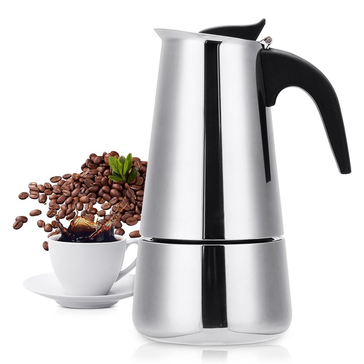 Tűzhelyes kávéfőző, olasz design, rozsdamentes acél, 300ml, 6 csészéhez, Moka kávéfőző, rozsdamentes acél