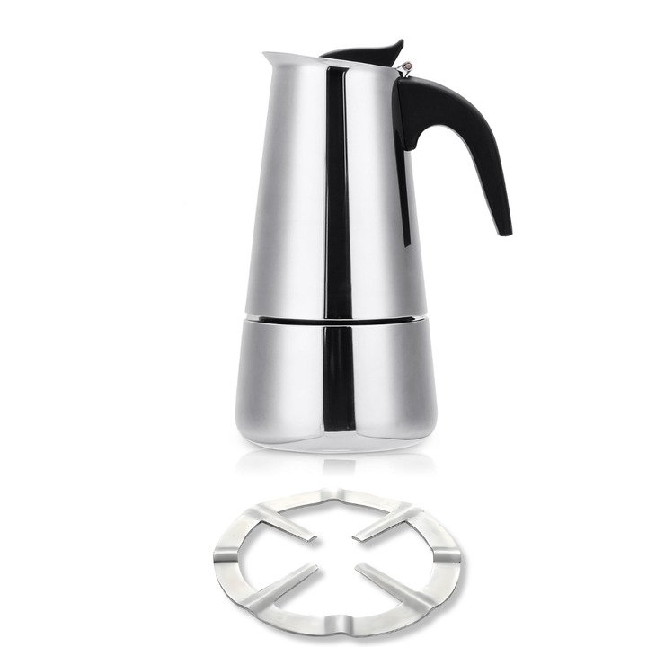 Espressor de cafea pentru aragaz, design italian, otel inoxidabil, 300ml, pentru 6 cesti, Cafetiera Moka, inox