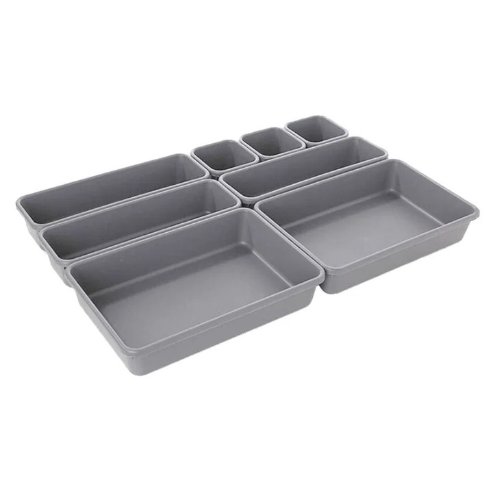 Organizator sertar compus din 8 piese diferite marimi pentru depozitarea articolelor, Gonga® Gri