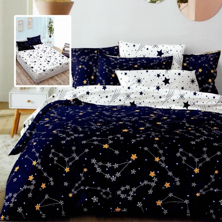 Lenjerie pat dublu din finet cu constelatii, cearceaf pat cu elastic 180x200 cm, 6 piese, Lenjerii Deosebite