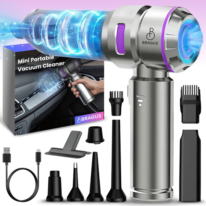 Aspirator Auto 4 in 1 Portabil, BRAGUS, 16000 PA, Baterie 6000mAh, 100W, 90000RPM, Autonomie 30min, Motor Brushless, Aspirare, Suflare, Vacuum, 3 Viteze, 9 Accesorii, 3 Filtre HEPA Reutilizabile Incluse, Aspirator pentru Masina si Casa, Gri-Violet