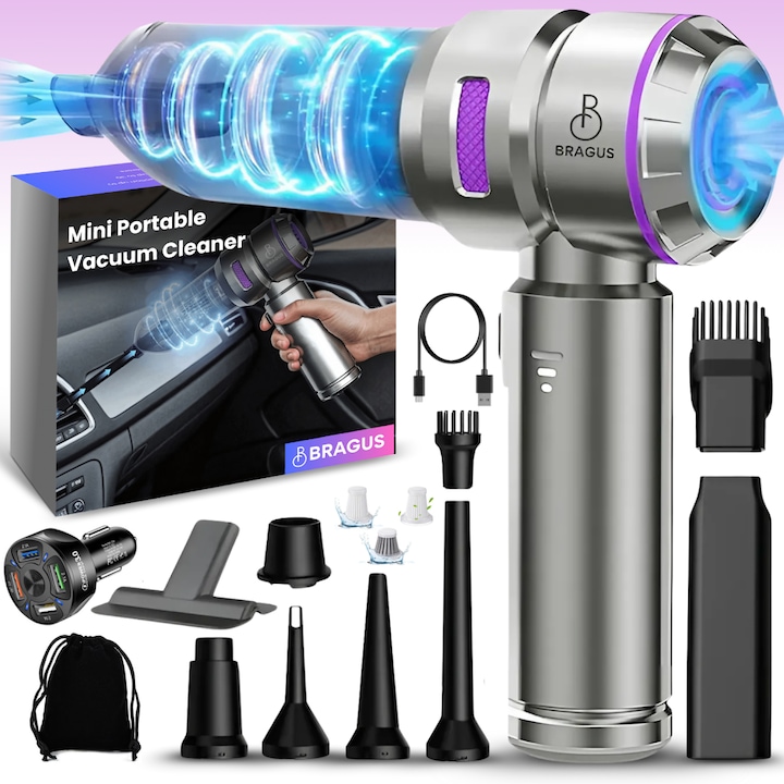 Aspirator Auto 4 in 1 Portabil, BRAGUS, 16000 PA, Baterie 6000mAh, 100W, 90000RPM, Autonomie 30min, Motor Brushless, Aspirare, Suflare, Vacuum, 3 Viteze, 9 Accesorii, 3 Filtre HEPA Reutilizabile Incluse, Aspirator pentru Masina si Casa, Gri-Violet