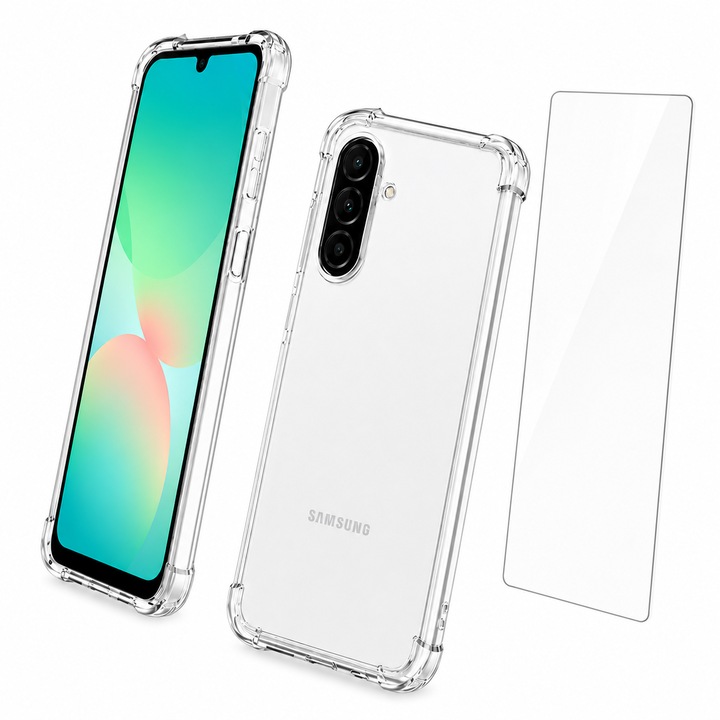Set Husa pentru Samsung Galaxy A26 / A17 / A18 5G si Folie Ecran, Silicon Antishock, Transparent, Folie cu suport amprenta, BzStore