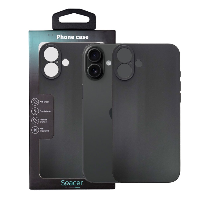 Husa Iphone 16 Plus Spacer, grosime 1.5mm, material flexibil TPU, negru