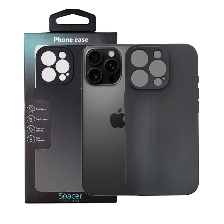 Spacer Iphone 16 Pro kompatibilis tok, 1,5 mm vastag, rugalmas TPU anyagú, fekete
