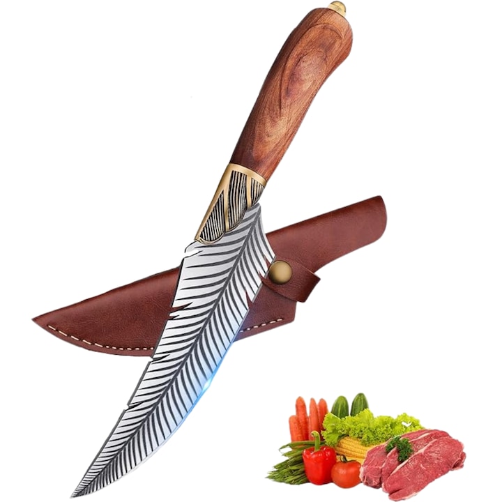 Cutit bucatarie japonez, Forjat manual, Pentru dezosare, filetare, feliere, Lama in forma de pana, Full Tang, Antiaderent