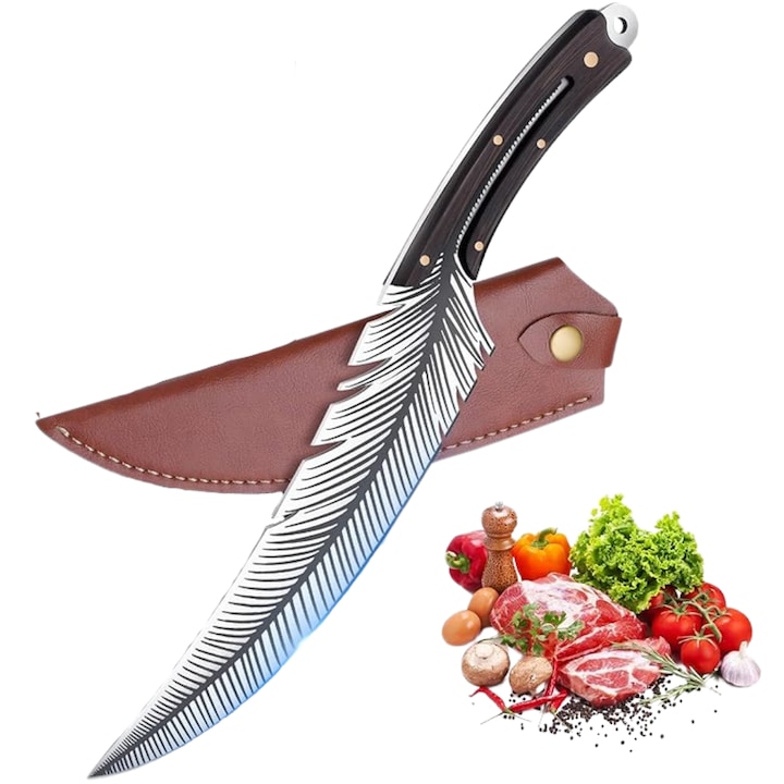 Cutit bucatarie japonez, Forjat manual, Pentru dezosare, filetare, feliere, Lama in forma de pana, Full Tang, Antiaderent, Portabil