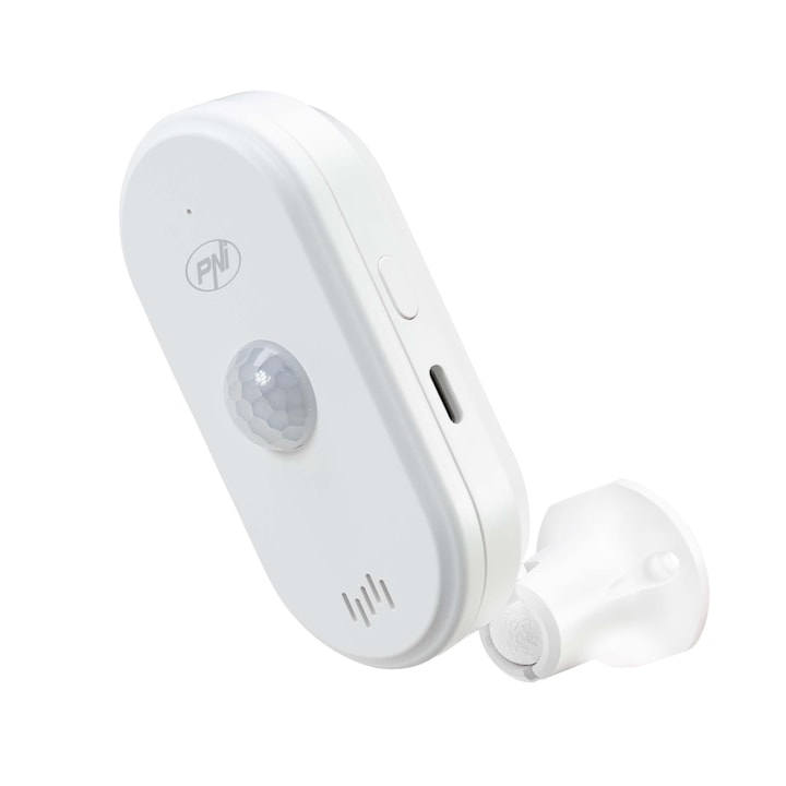 Senzor de miscare PIR PNI SafeHouse HS401 cu Wi-Fi, compatibil cu aplicatia Tuya, alarma sonora 80dB, difuzor incorporat, alimentare 5V USB C