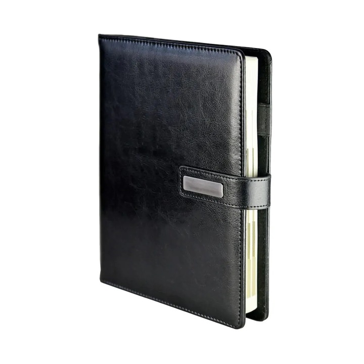 Agenda premium A5 cu coperta neagra, piele ecologica, inchidere magnetica, interior cu 374 pagini