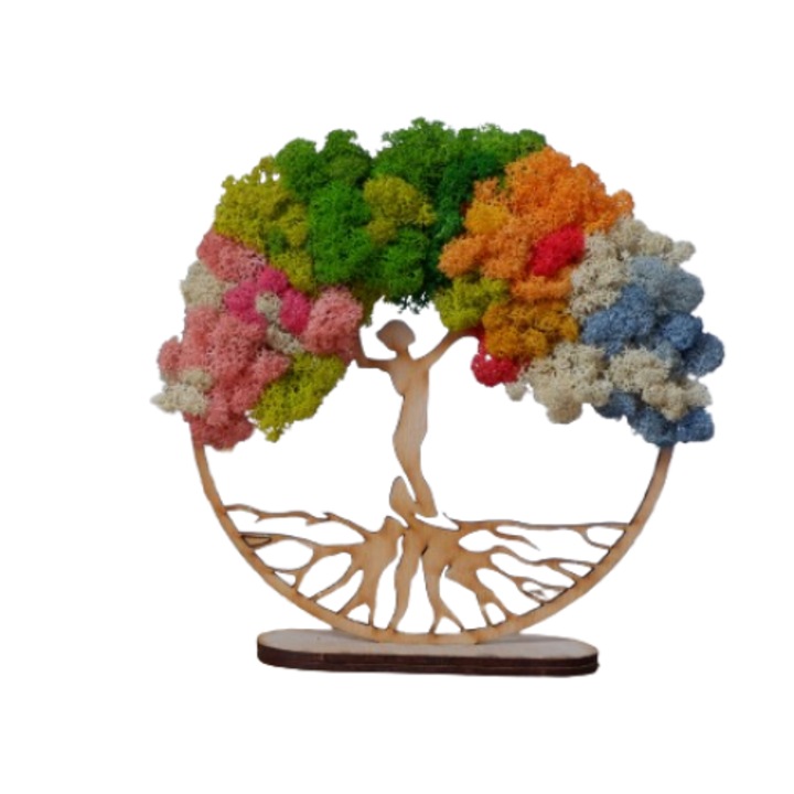Decoratiune, copac din lemn cu suport decorat cu licheni stabilizati, in patru anotimpuri, silueta Femeie, 20cm