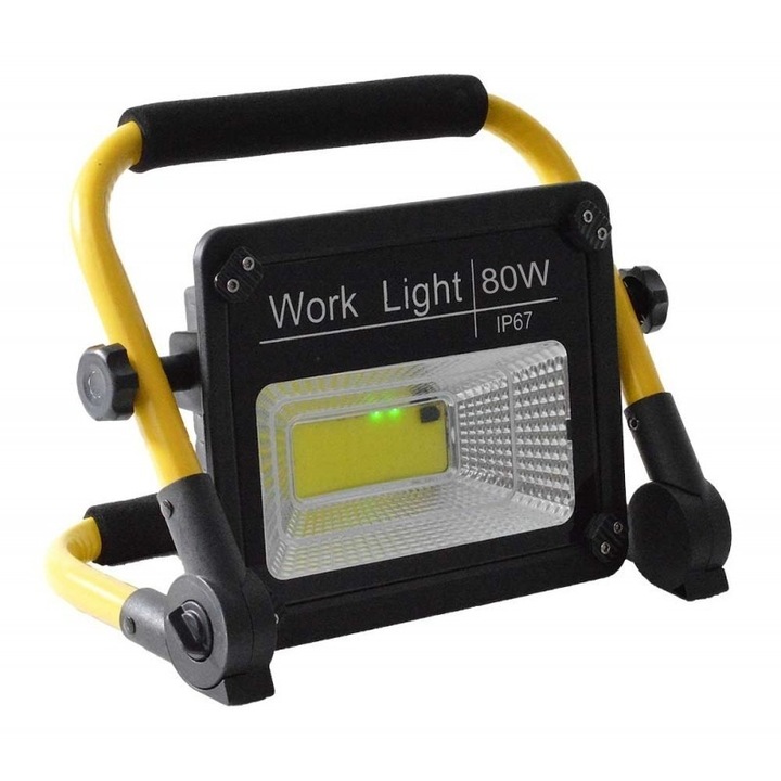 Proiector 80W Portabil LED COB cu Incarcare Solara si Incarcare USB, Putere 80W, Protectie IP67, cu Telecomanda si Suport Ajustabil