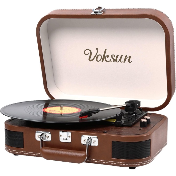 Грамофон Bluetooth 5.4, 3 скорости 33/45/78 rpm, AUX, USB, 2 вградени стерео високоговорителя, за 7/10/12 инча винил, функция за запис, дизайн на куфарче, кафяв